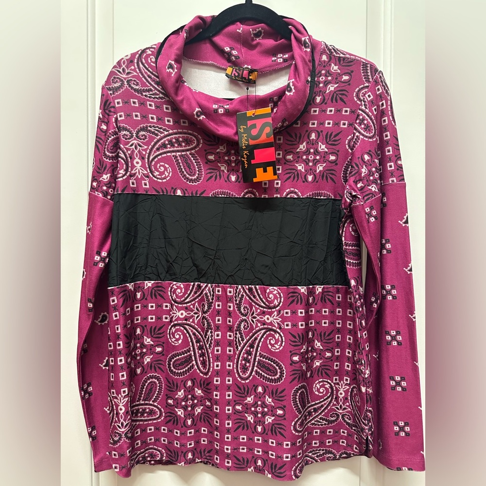 Isle by Melis Kozan Pink Black Long Sleeve Blouse with Paisley Print NWT Small